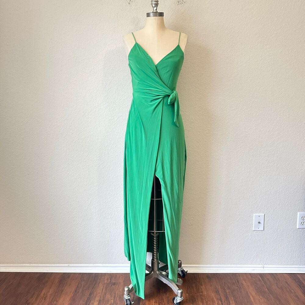 MISA Veronica Maxi Wrap Dress Kelly Green Tie Spaghetti Straps Party
